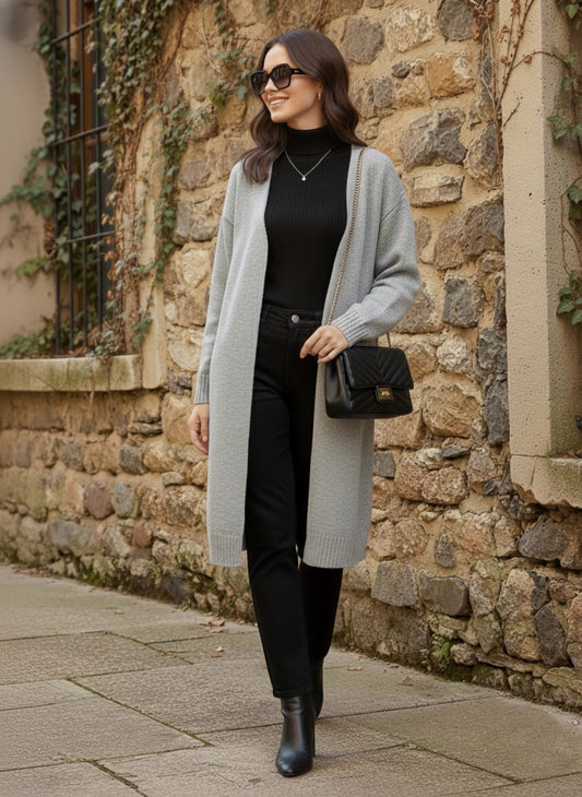 Berrylush Women Solid Grey V-Neck Drop-Shoulder Sleeves Open-Front Acrylic Straight Hem Knitted Longline Cardigan