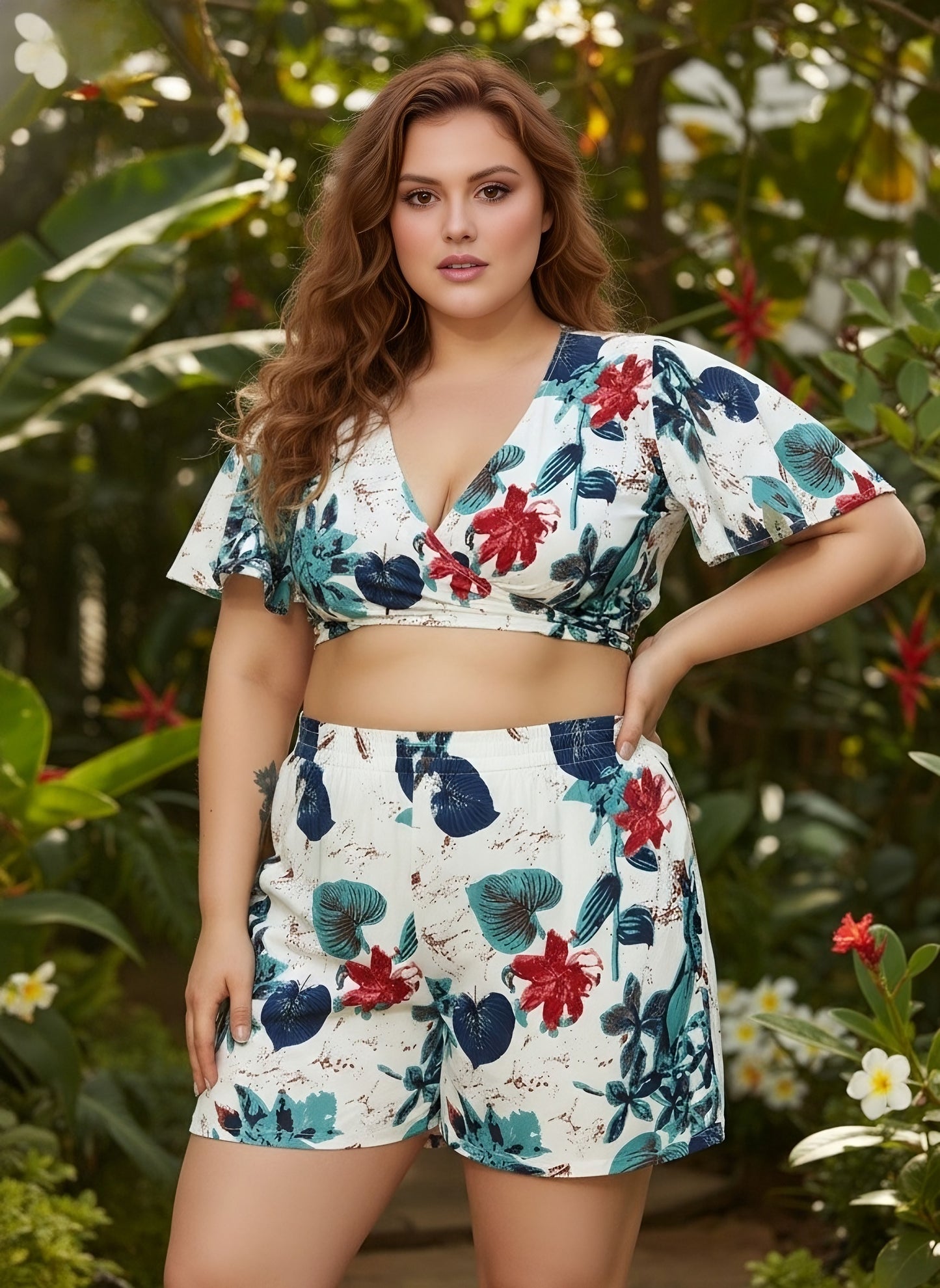 Berrylush Women Plus Size White & Blue Floral Printed V-Neck Back Tie-Up Crop Top & Slip-On Mini Shorts Co-Ord Set