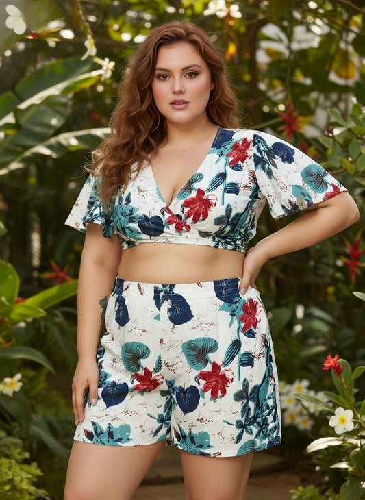 Berrylush Women Plus Size White & Blue Floral Printed V-Neck Back Tie-Up Crop Top & Slip-On Mini Shorts Co-Ord Set