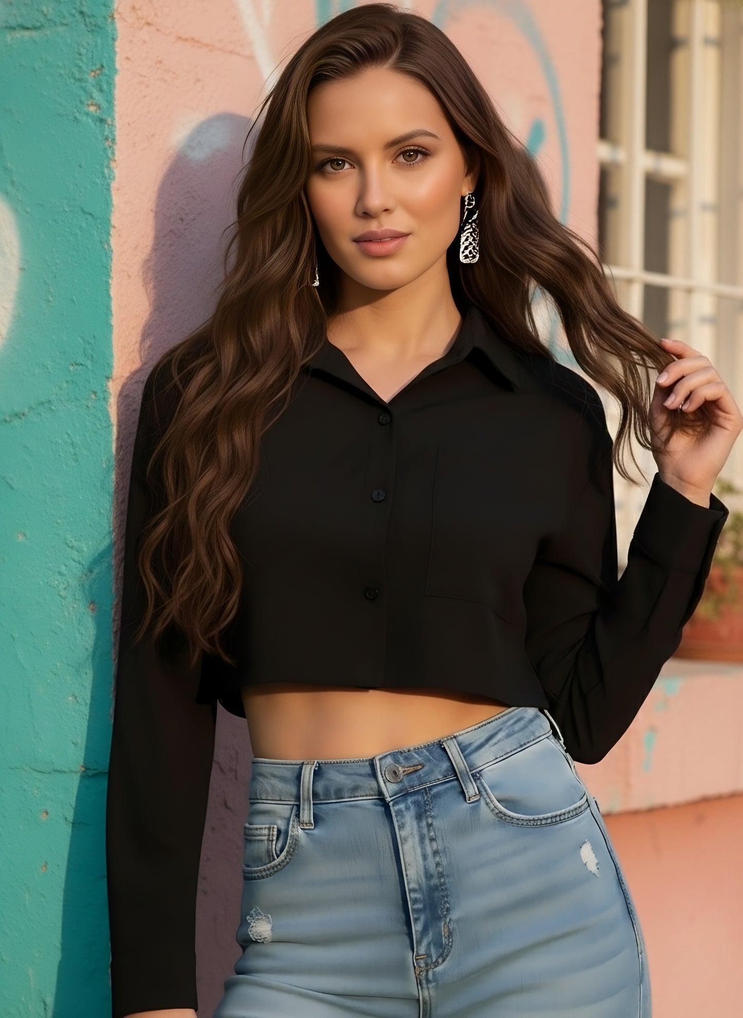 Berrylush Women Solid Black Spread Collar Neck Long Sleeves Button-Up Front Pocket Curved Hem Crop Shirt