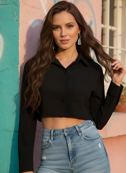 Berrylush Women Solid Black Spread Collar Neck Long Sleeves Button-Up Front Pocket Curved Hem Crop Shirt