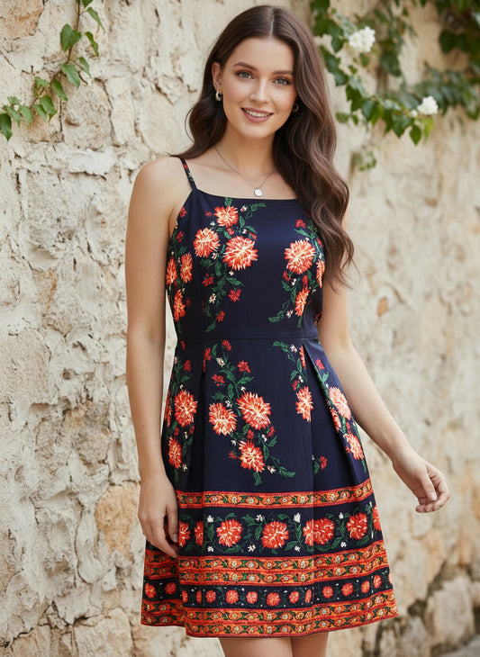 Berrylush Women Navy Blue & Orange Floral Printed Square Neck Flared Fit & Flare Mini Dress