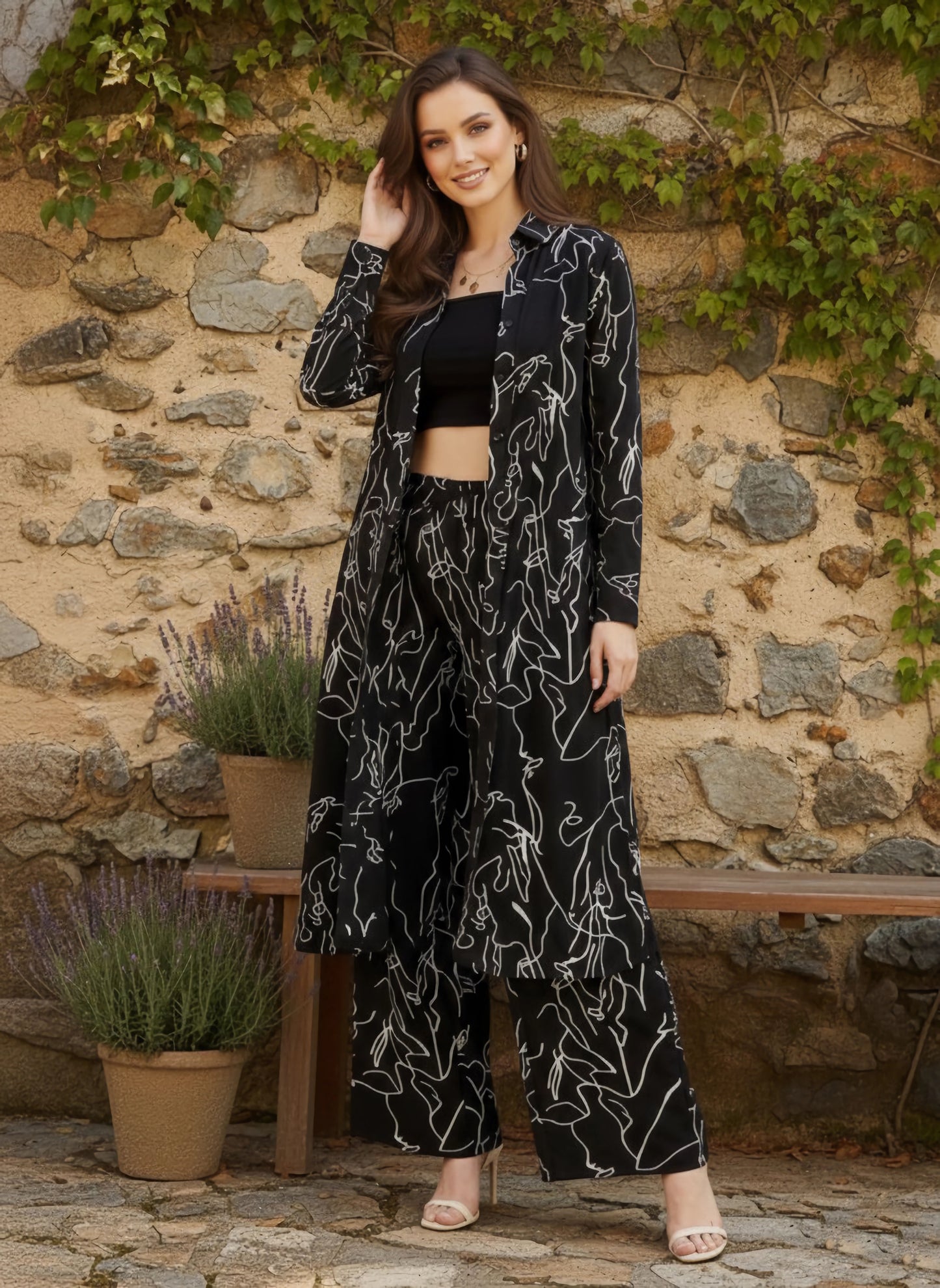 Berrylush Women Black & White Abstract Printed Spread Collar Neck Longline Top & Elastic Waist Trousers Co-Ord Set