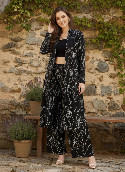 Berrylush Women Black & White Abstract Printed Spread Collar Neck Longline Top & Elastic Waist Trousers Co-Ord Set