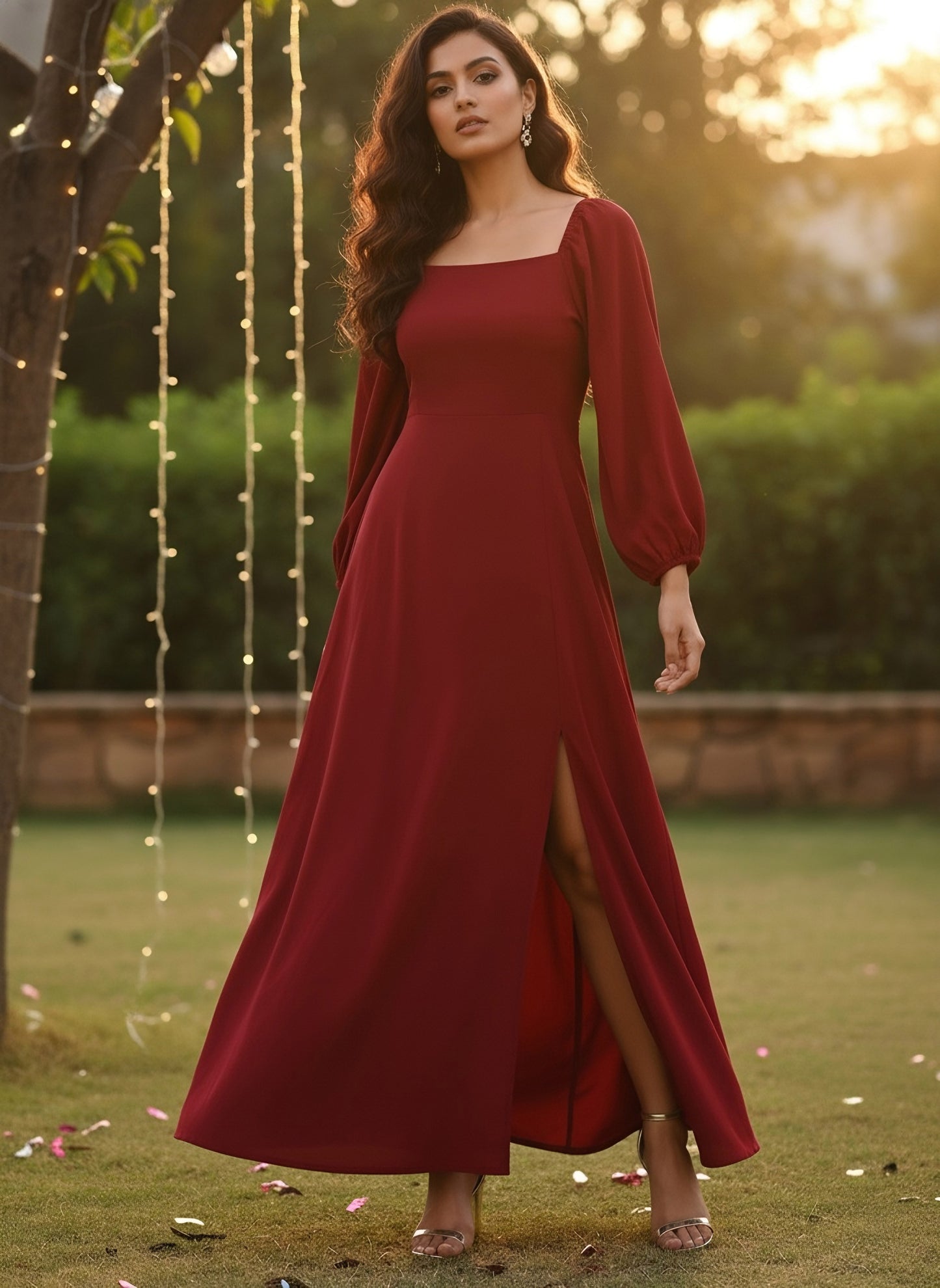Berrylush Women Solid Red Puffed Sleeve Maxi Dress