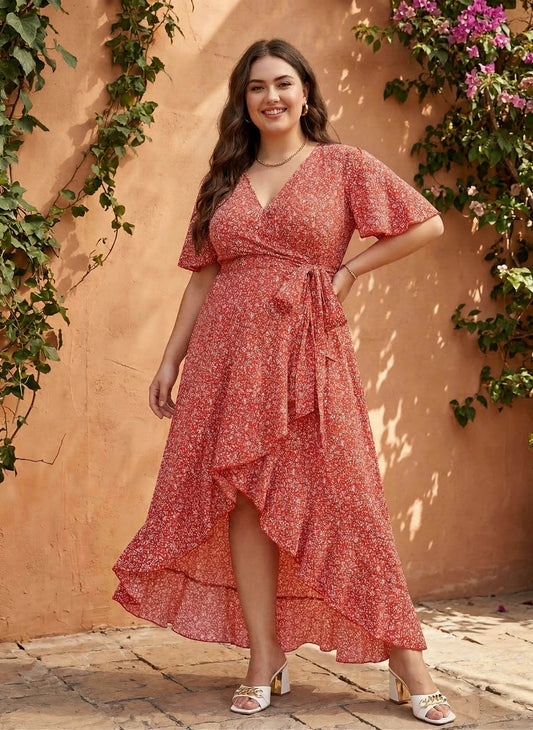 Berrylush Women Plus Size Coral Orange & White Floral Printed V-Neck Waist Tie-Up Crepe Flounce Hem Wrap Maxi Dress