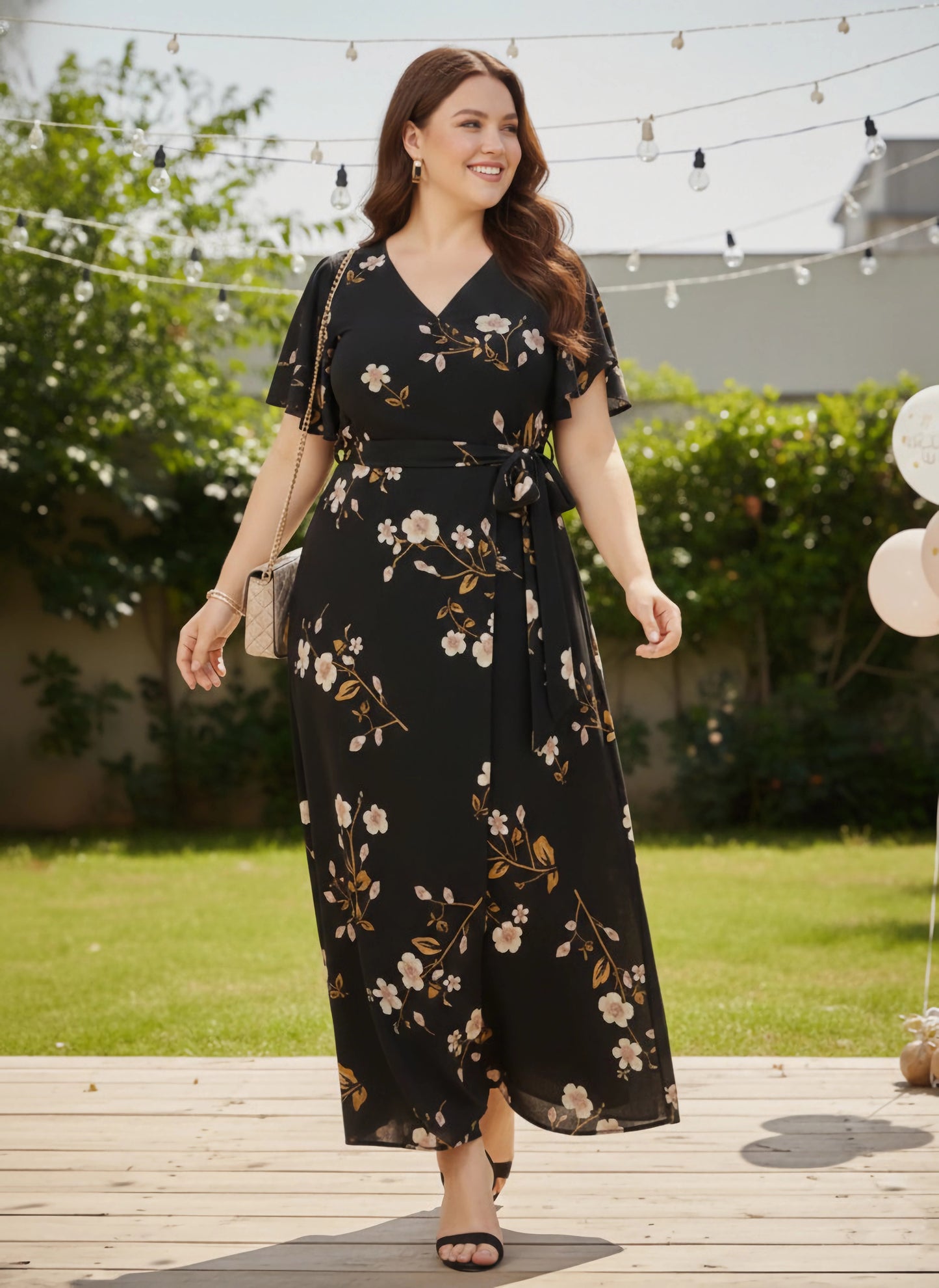 Plus Size Black & White Floral Printed V-Neck Tie-Up Flutter Sleeve Thigh-High Slit Flared Wrap Maxi Dress