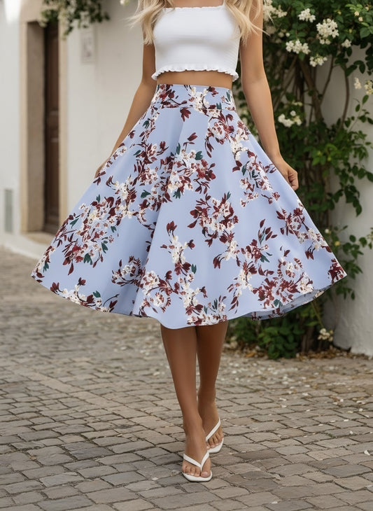 Berrylush Women Blue & Red Floral Printed Flared A-line Midi Skirt