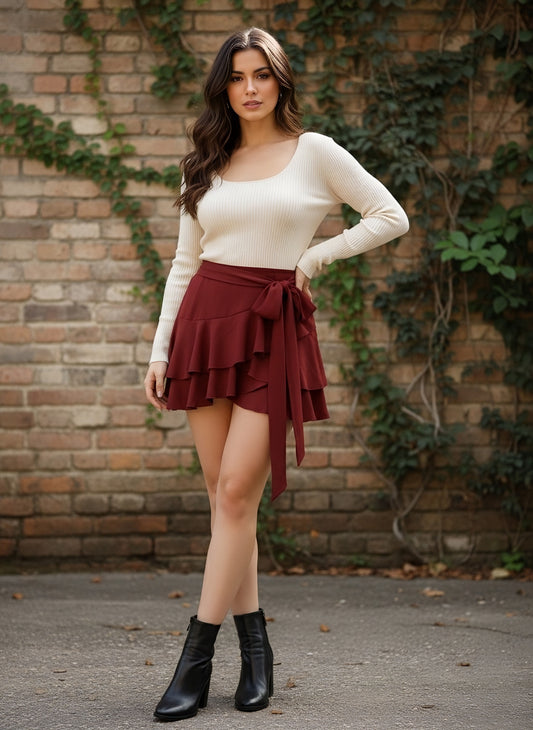 Berrylush Women Marron Solid High Rise Layered Regular Shorts