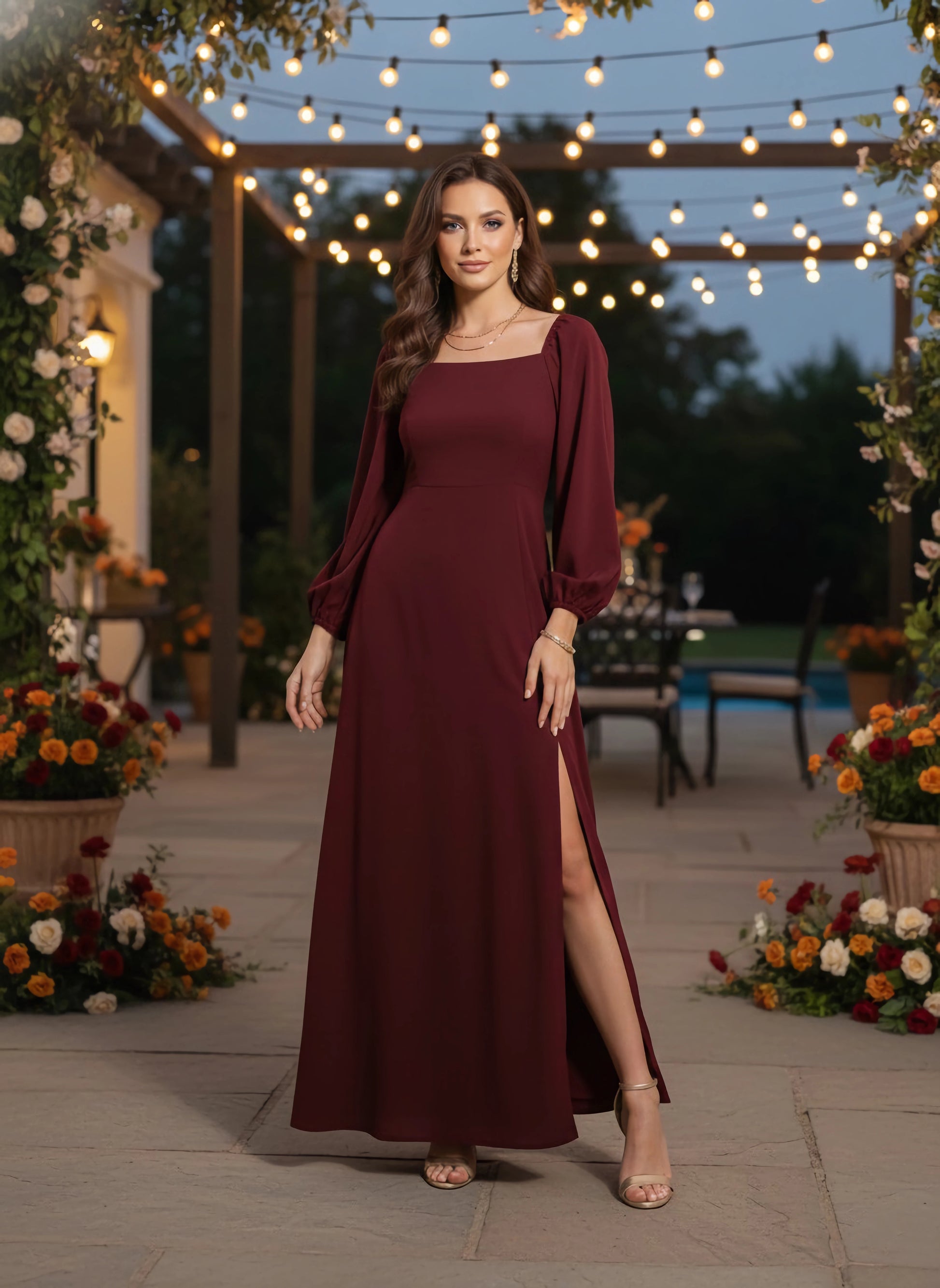 Berrylush Women Solid Maroon Square Neck Puff Sleeves Crepe Flared Max Berrylush Women Solid Maroon Square Neck Puff Sleeves Crepe Flared Max