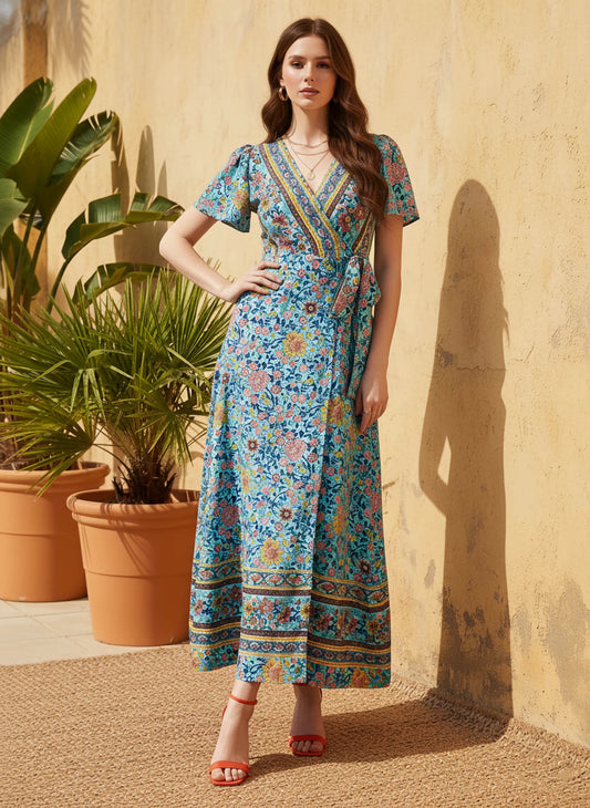 Berrylush Women Blue & Multicolour Floral Printed V-Neck Waist Tie-Up Thigh-High Slit Flared Wrap Maxi Dress