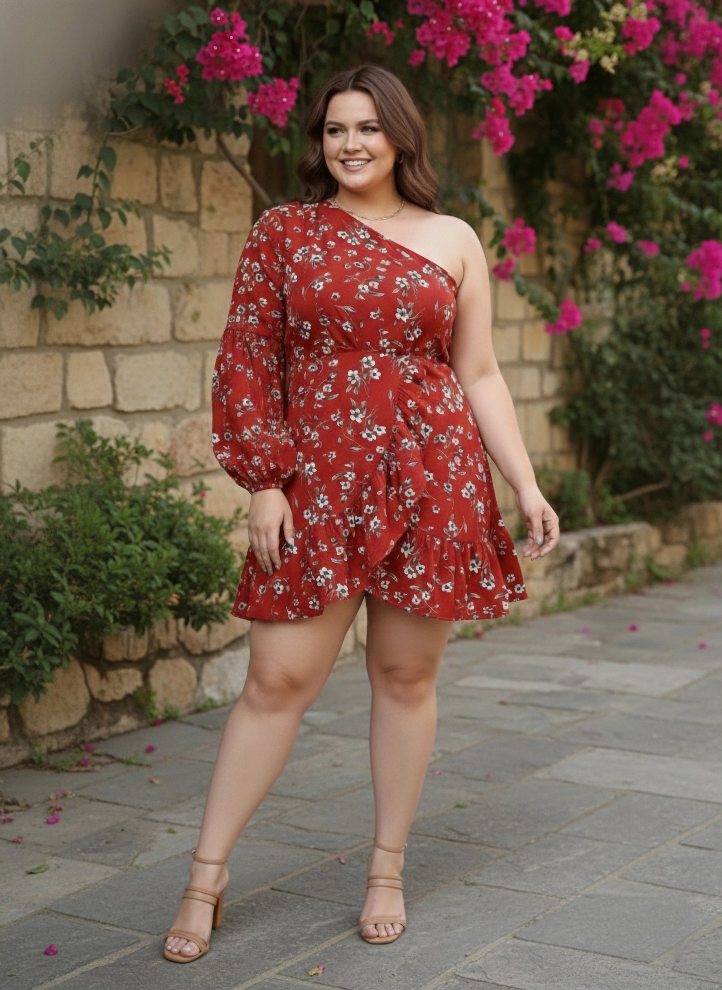 Berrylush Women Plus Size Red Floral Printed One-Shoulder Neck Tulip Hem Pleated A-Line Mini Dress
