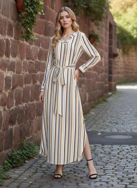 Berrylush Women Multicolour Striped Pattern V-Neck Waist Tie-Up Maxi Dress