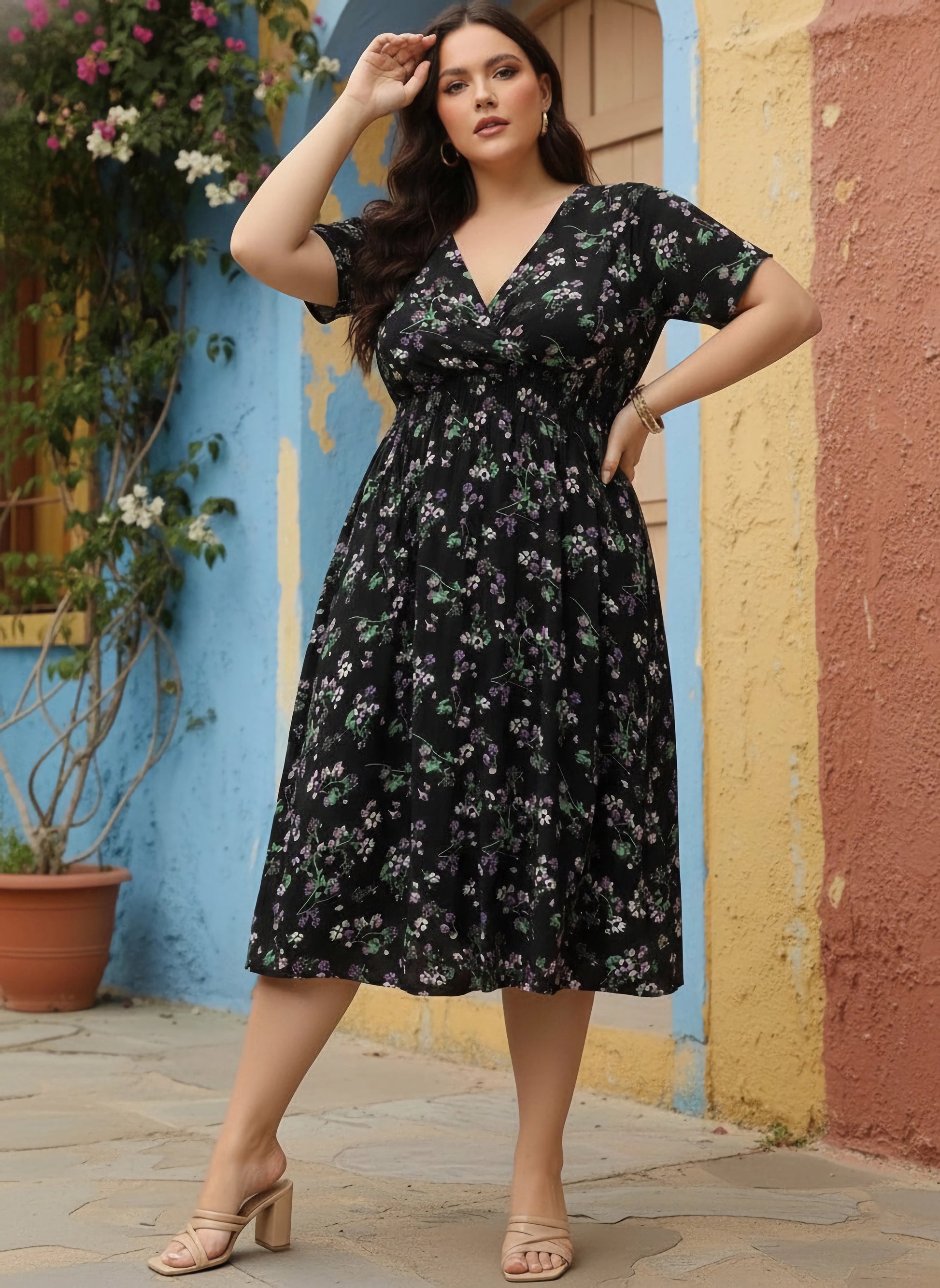 Women Plus Size Black & Purple Floral Printed V-Neck Crepe Flared Wrap Midi Dress - Berrylush Women Plus Size Black & Purple Floral Printed V-Neck Crepe Flared Wrap Midi Dress - Berrylush