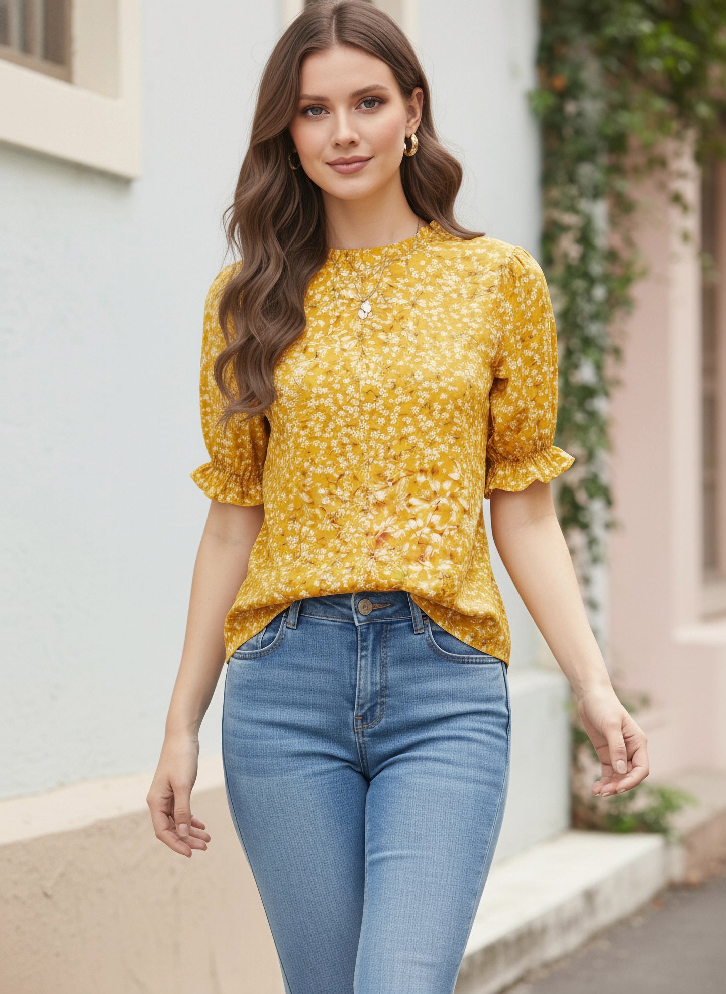 Berrylush Women Yellow Floral Printed Puff Sleeves Top