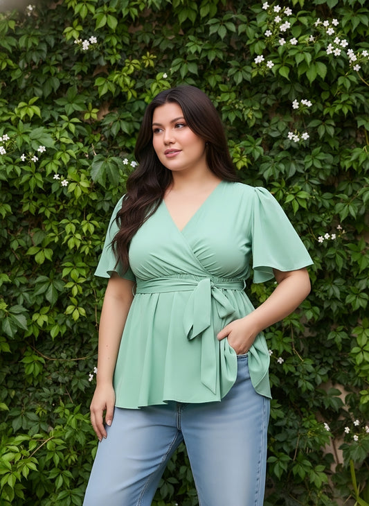 Berrylush Curve Women Solid Green V-Neck Flared Sleeves Waist Tie-Up Pleated Regular Empire Top