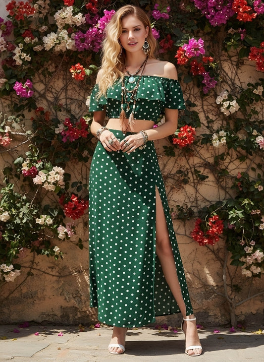 Berrylush Women Green & White Polka Dot Printed Off-Shoulder Co-Ordinate Maxi Dress