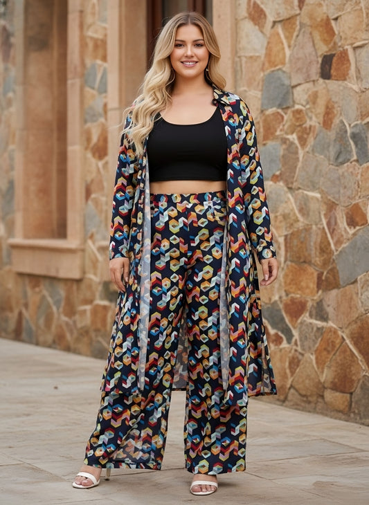 Berrylush Curve Women Navy Blue Geometric Print Long Shirt and Trouser Co-ords