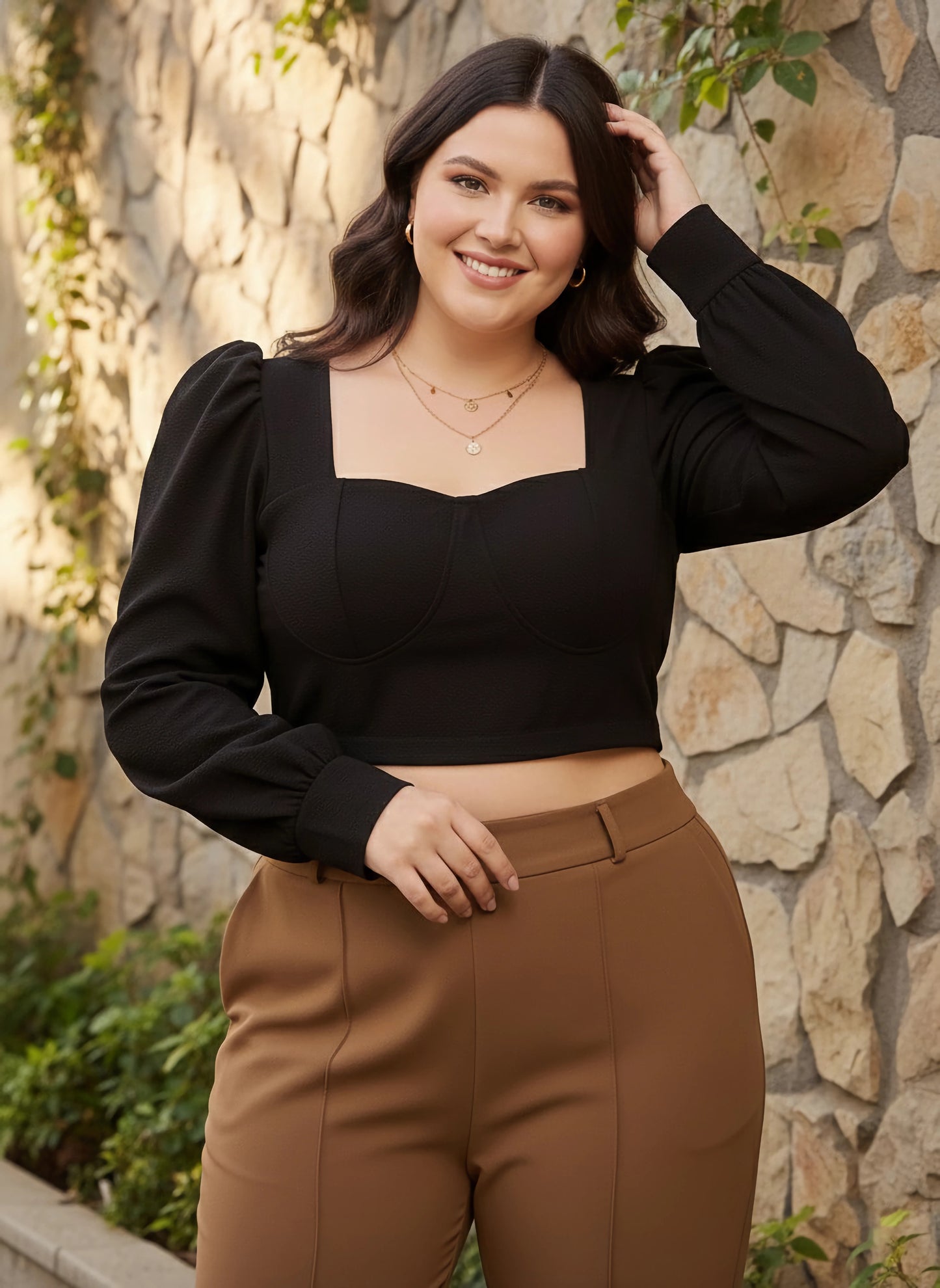 Curve Solid Black Sweetheart Neck Puff Sleeves Knitted Crop Top