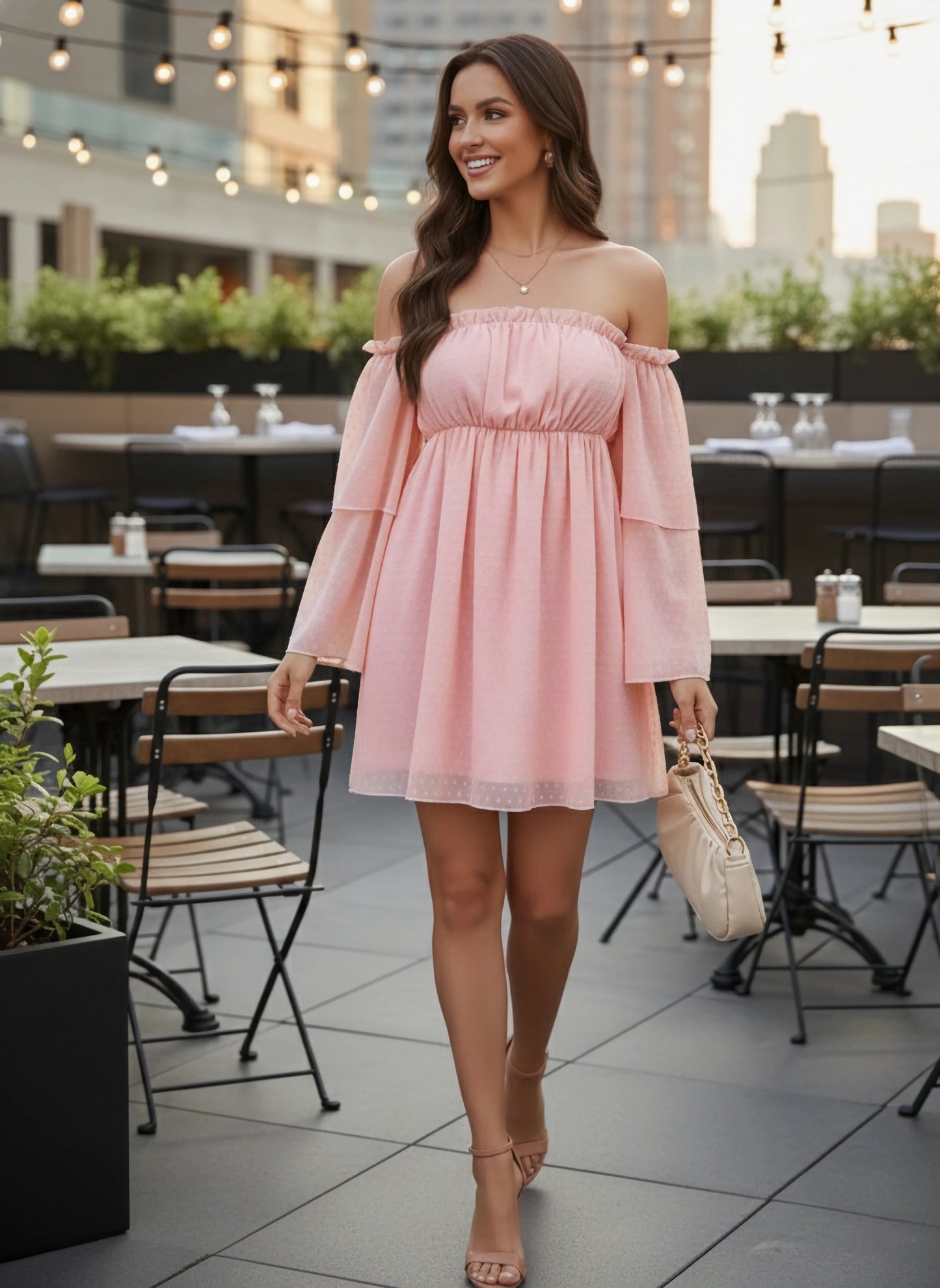 Solid Pink Dobby Weave Off-Shoulder Neck Flutter Sleeve Ruffled A-Line Mini Dress