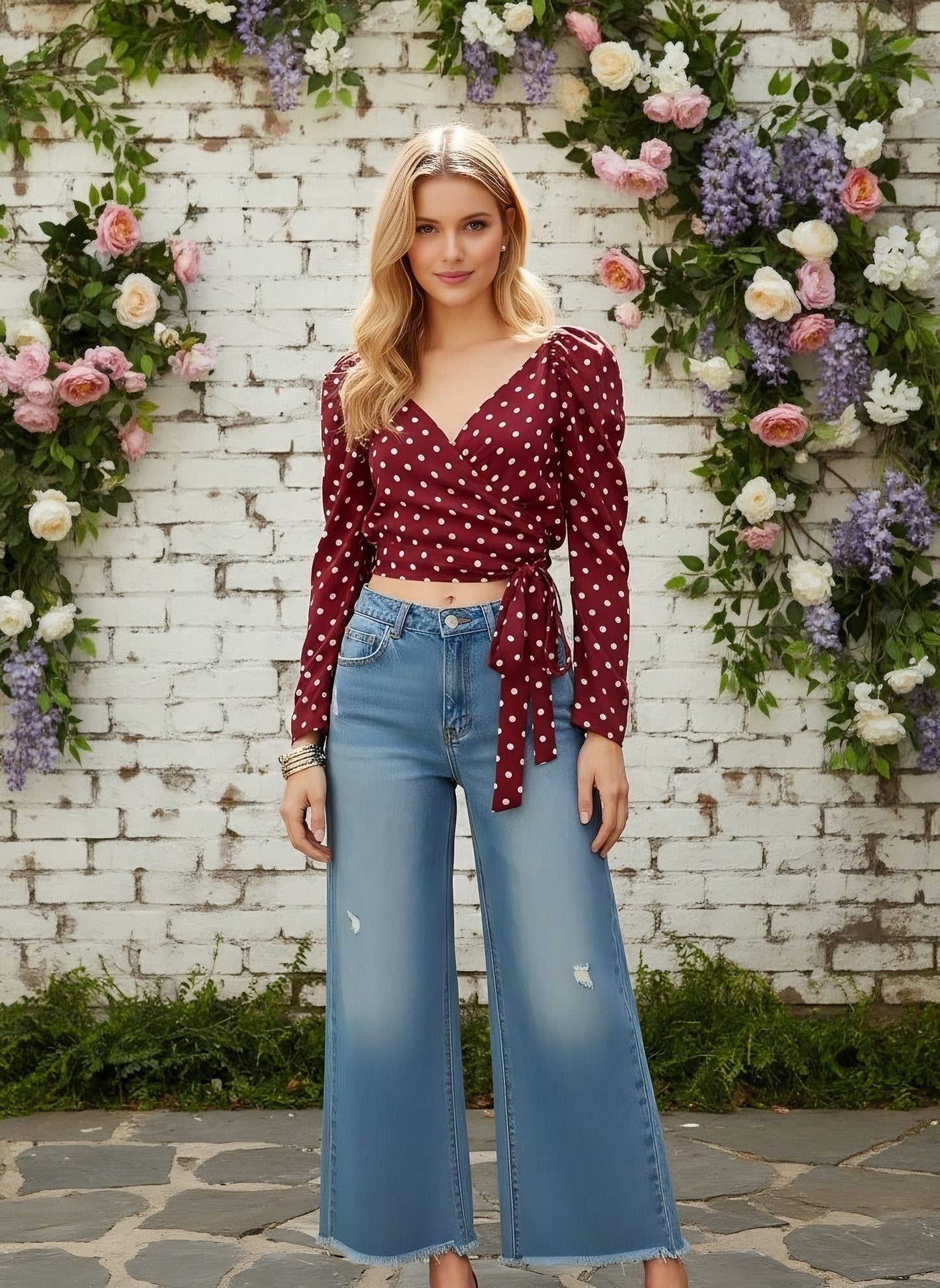 Berrylush Women Red Puff Sleeve Wrap Polka-Dot Crop Top