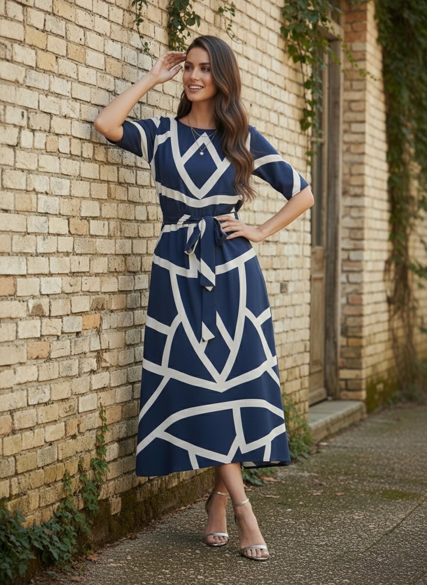 Navy Blue & White Geometric Printed Round Neck Crepe Waist Tie-Up Flared Midi Dress