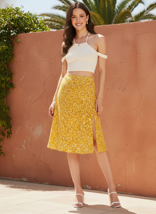 Berrylush Women Yellow & White Floral Printed Thigh-High Slit Pencil Midi Skirt