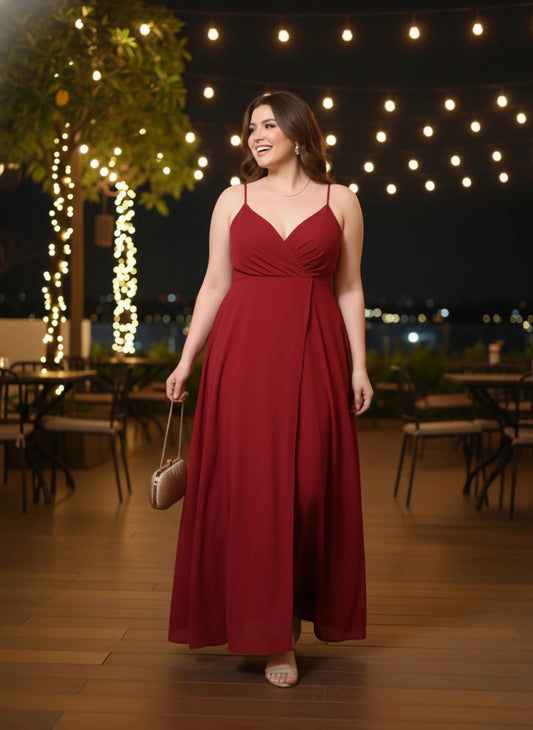 Berrylush Women Plus Size Solid Red V-Neck Sleeveless Crepe Thigh-High Slit Fit & Flare Maxi Dress