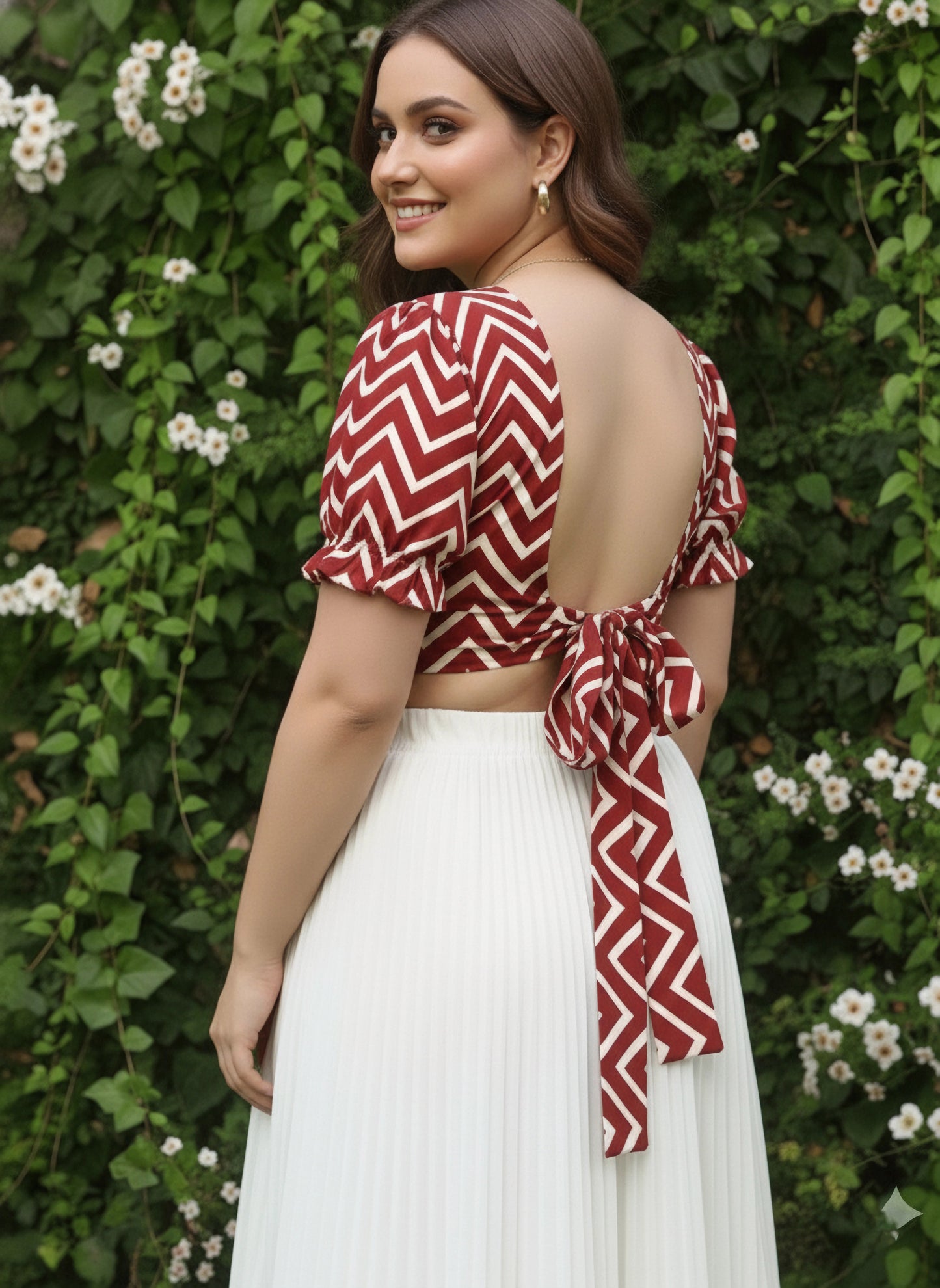 Berrylush Women Plus Size Maroon & White Chevron Pattern Square Neck Crepe Tie-Up Backless Blouson Cropped Top