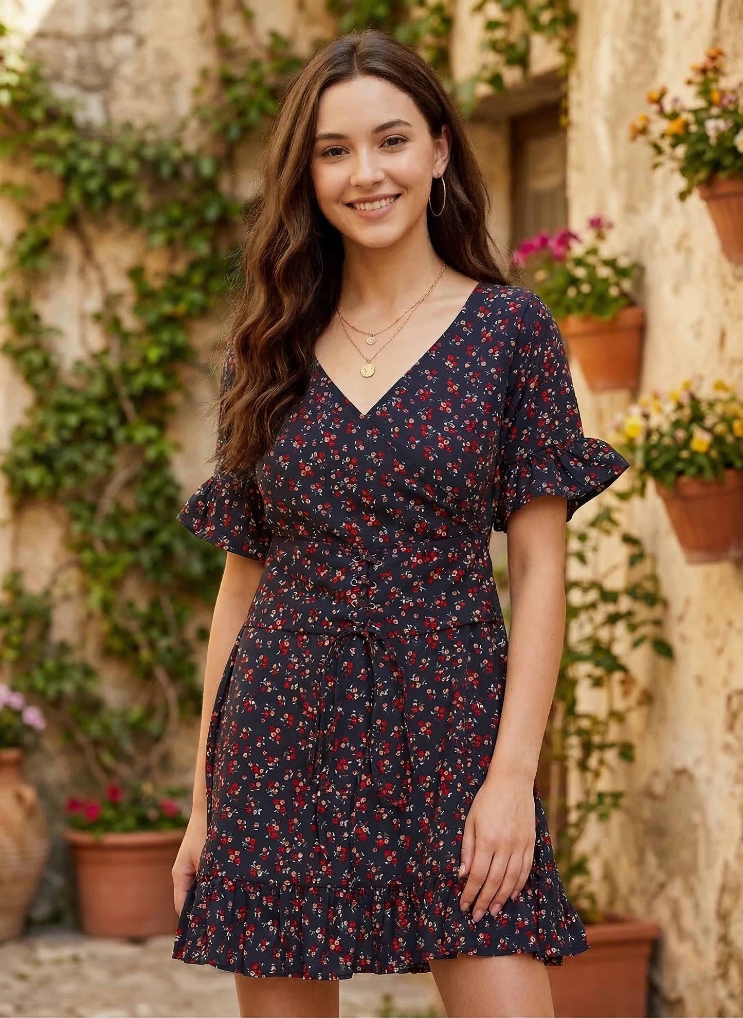 Berrylush Women Navy Blue Floral Printed Fit & Flare Mini Dress