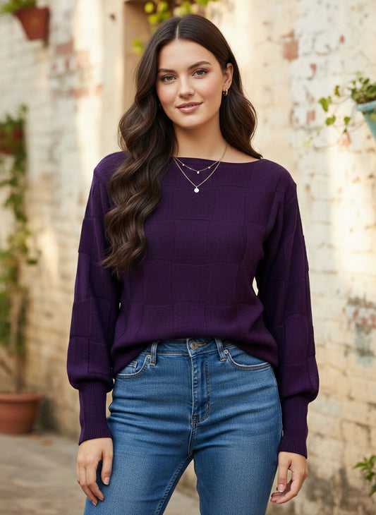 Berrylush Women Solid Purple Boat Neck Drop-Shoulder Sleeves Acrylic Ribbed Hem Knitted Regular Sweater