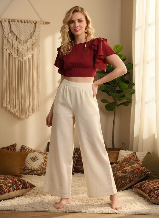 Berrylush Women Solid Red Round Neck Waist Tie-Up Crepe Blouson Crop Top