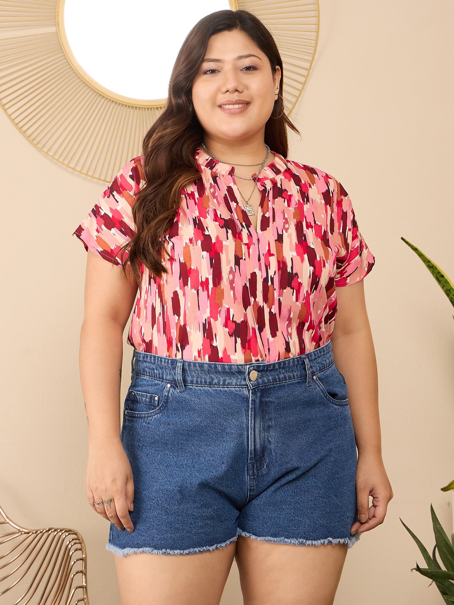 Berrylush Curve Women Pink & Red Geometric Printed Notch Neck Short Sleeves Straight Hem Regular Top