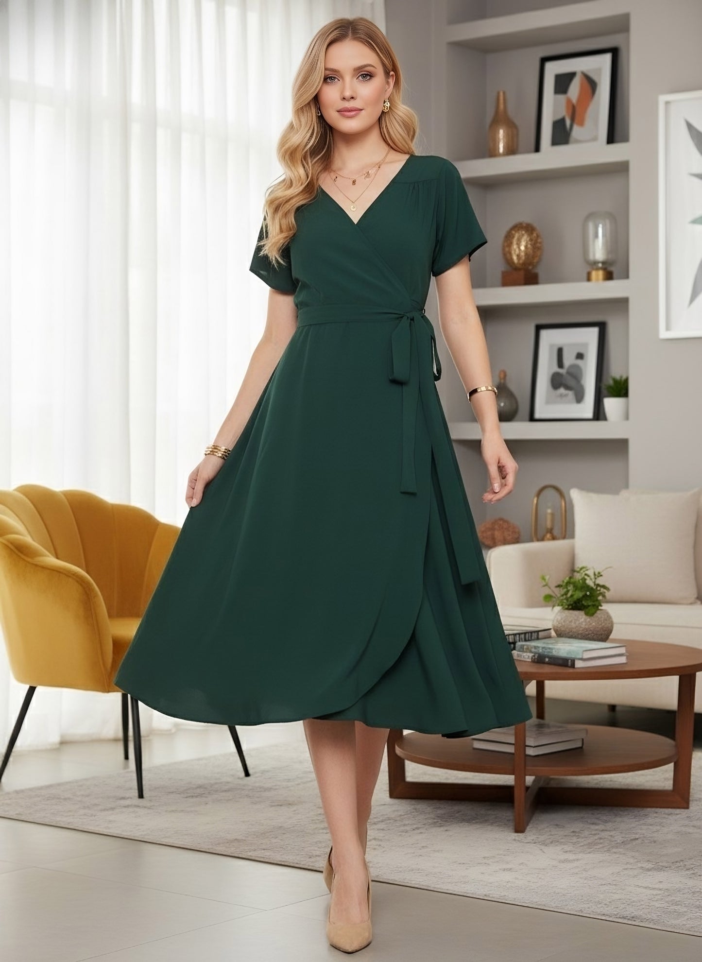 Berrylush Women Solid Green V-Neck Flared Wrap A-Line Midi Dress