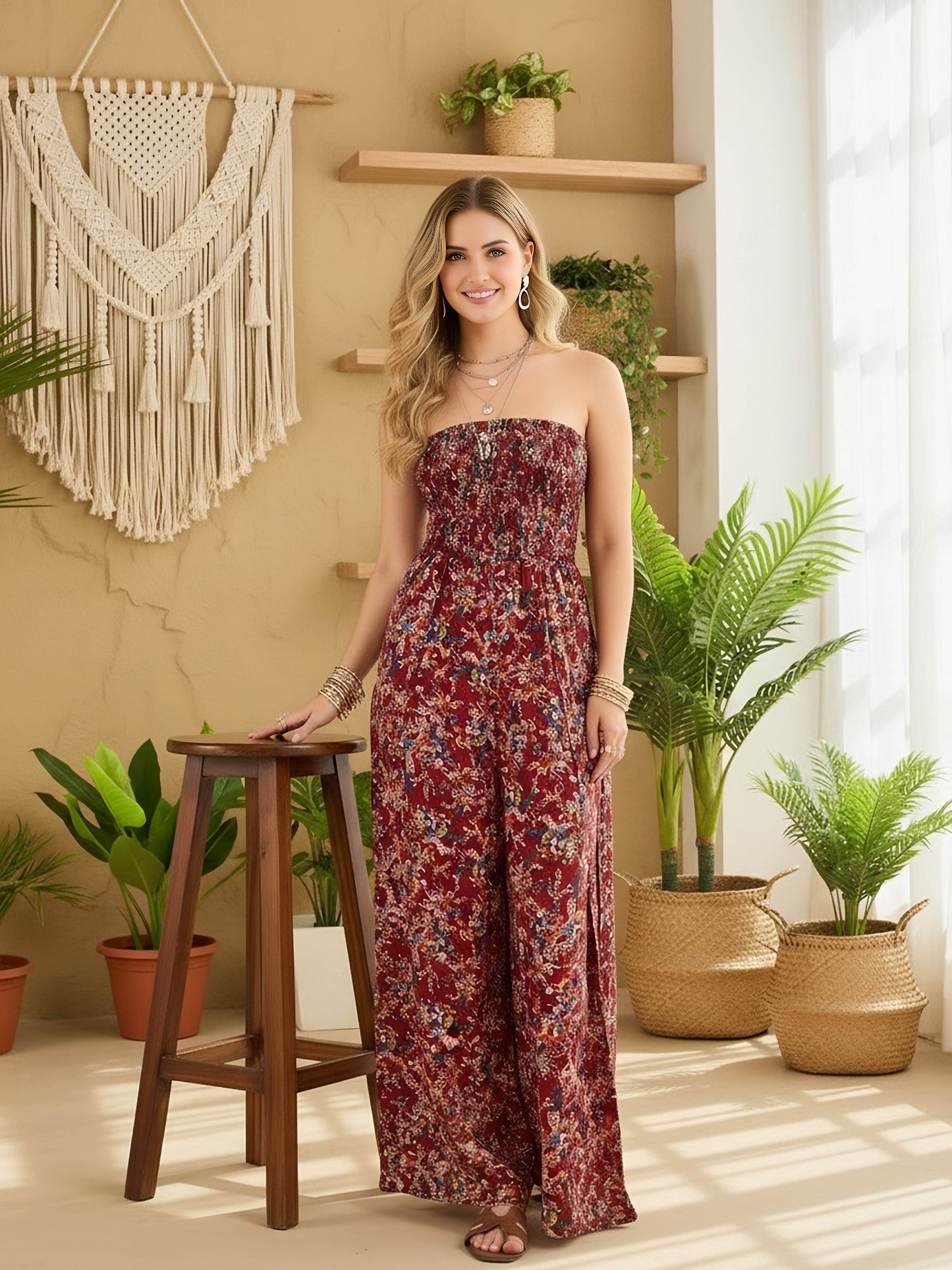 Berrylush Women Maroon & White Floral Printed Strapless Neck Sleeveless Wide-Leg Thigh-High Slit Smocked Maxi Jumpsuit