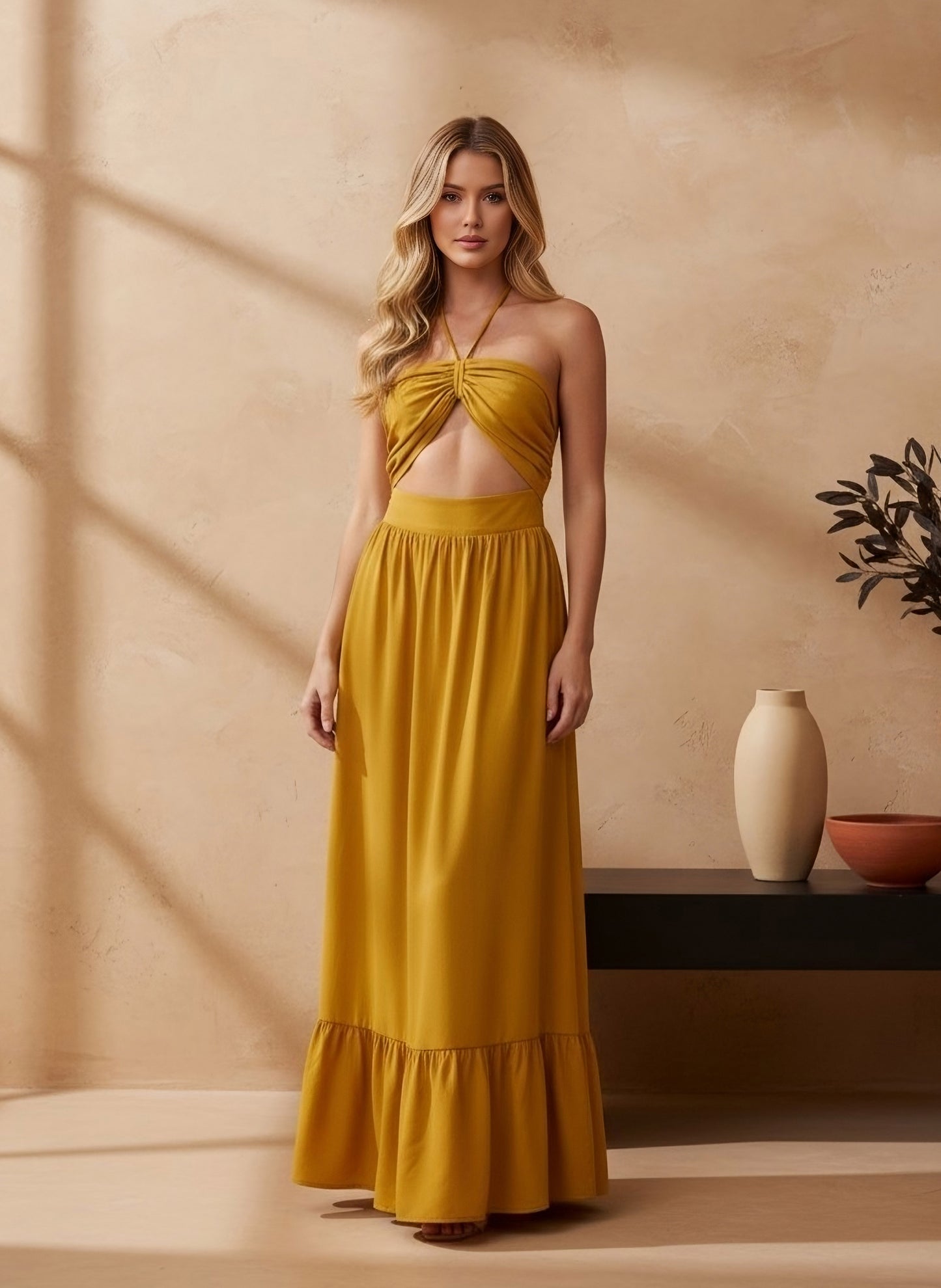 Berrylush Women Yellow Solid Halter Neck Sleeveless Tie-Ups Maxi Dress