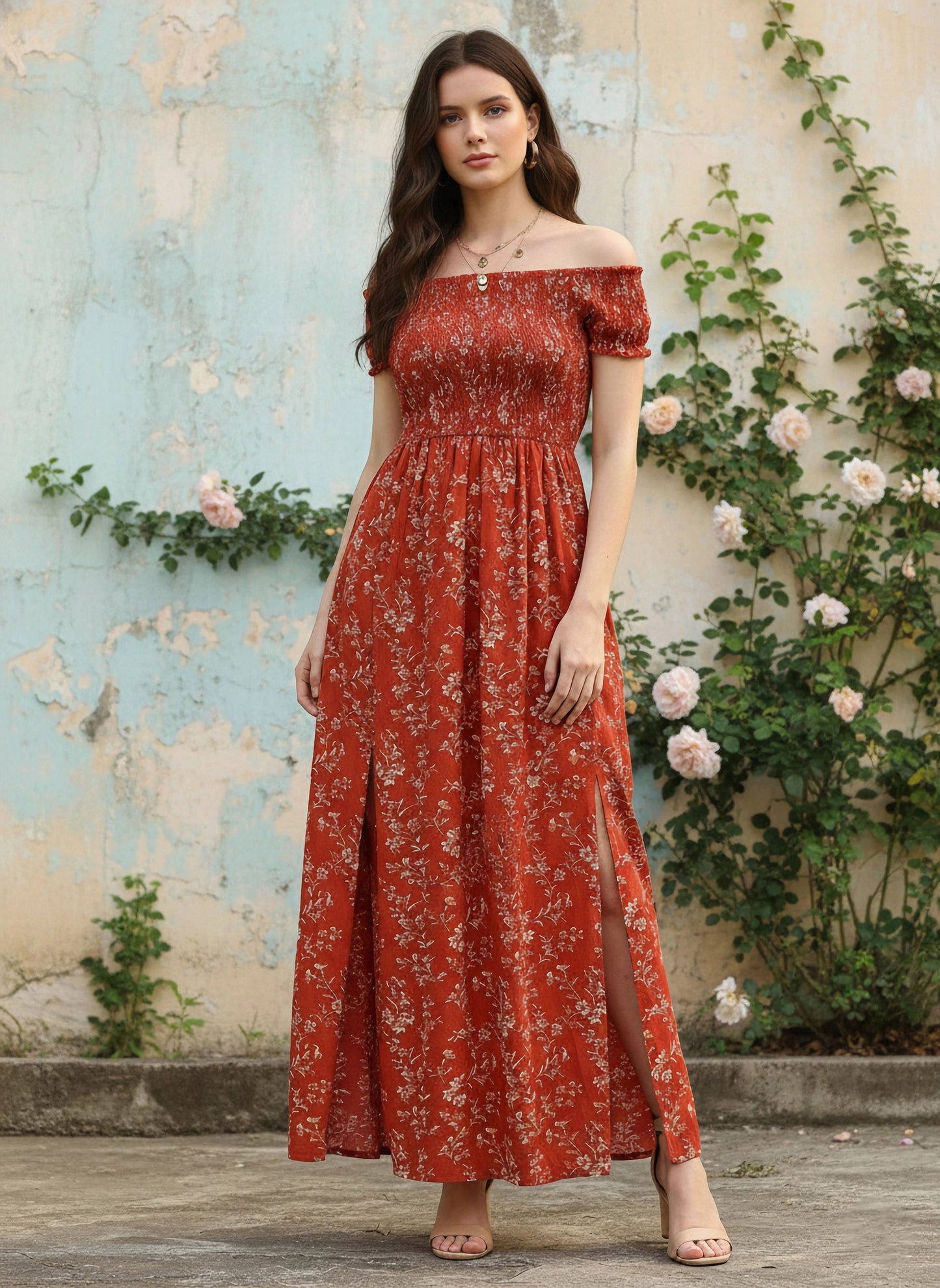 Berrylush Women Red & White Floral Printed Off-Shoulder Neck Thigh-High Slit Crepe Smocked Maxi Dress