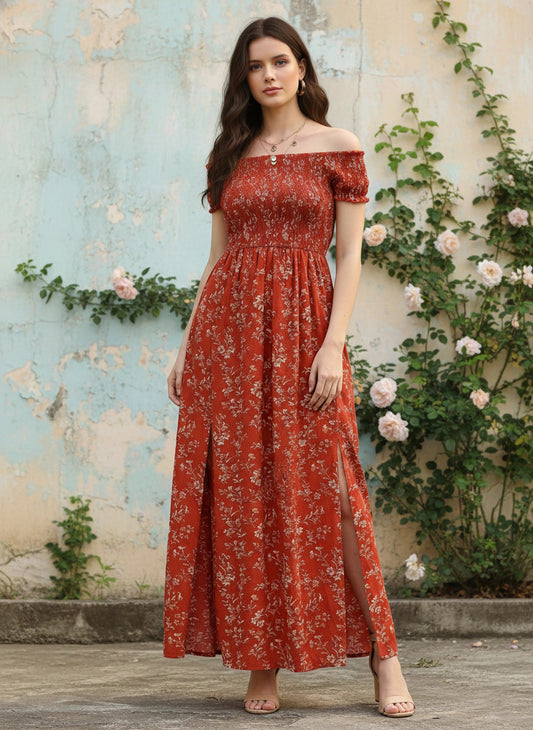 Berrylush Women Red & White Floral Printed Off-Shoulder Neck Thigh-High Slit Crepe Smocked Maxi Dress