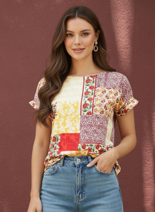 Berrylush Women Red & Yellow Floral Printed Round Neck Short Sleeves Slip-On Straight Hem Regular Top
