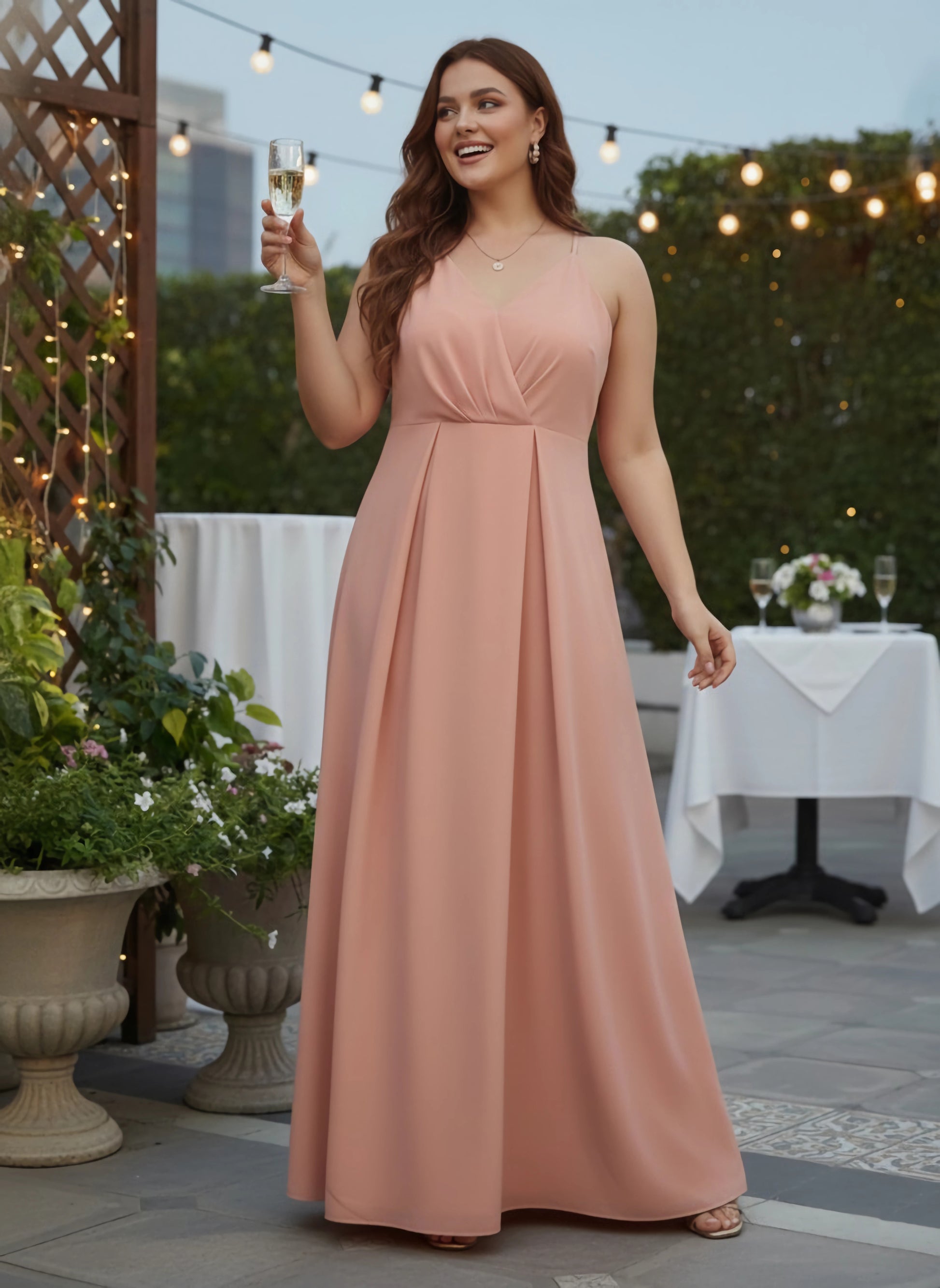 Women Plus Size Solid Pink V-Neck Sleeveless Crepe Thigh-High Slit Fit & Flare Wrap Maxi Dress - Berrylush Women Plus Size Solid Pink V-Neck Sleeveless Crepe Thigh-High Slit Fit & Flare Wrap Maxi Dress - Berrylush