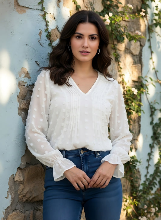 Berrylush BIZwear Women White Solid V-Neck Long Sleeve Regular Top