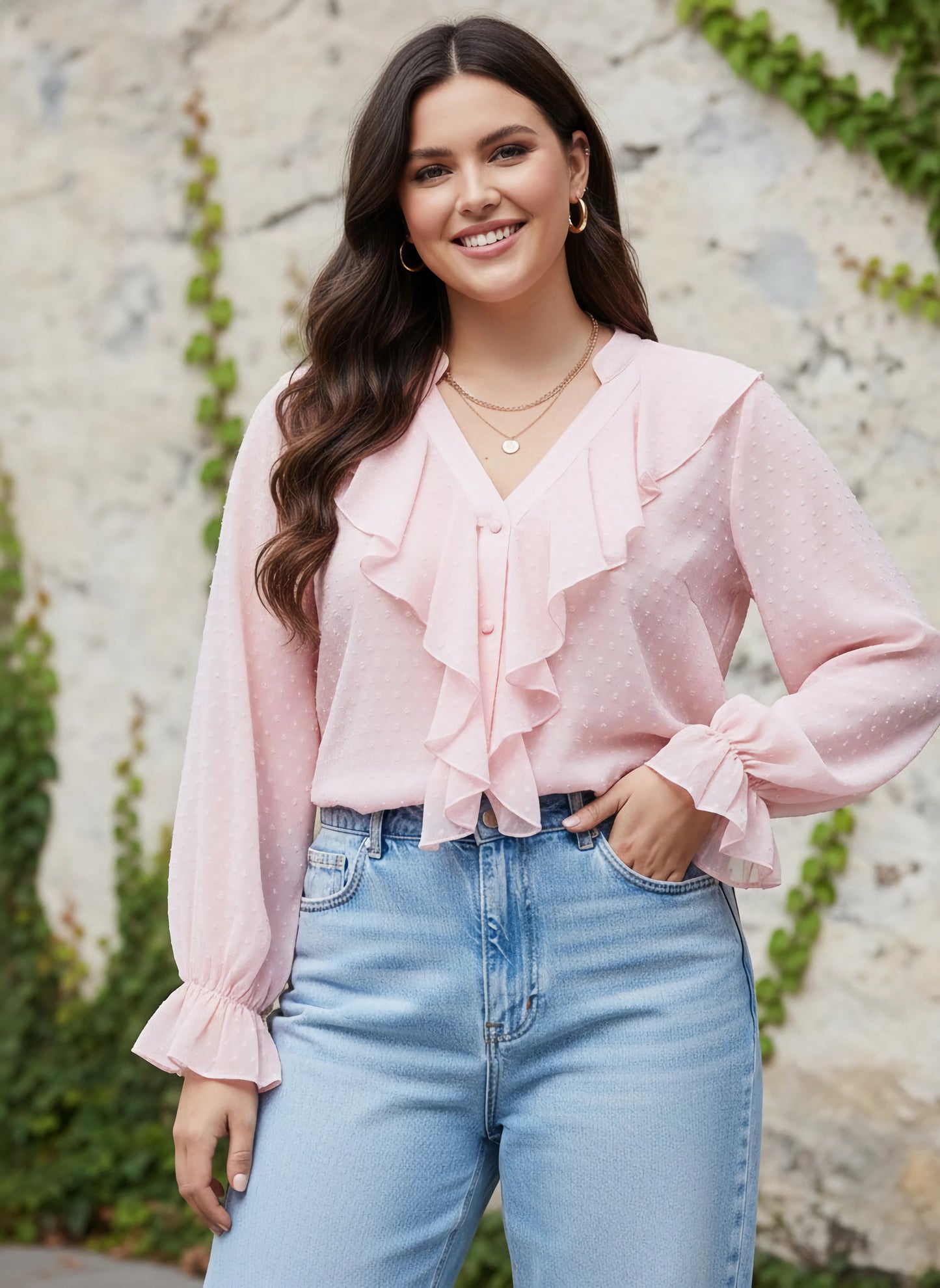 Berrylush Women Plus Size Solid Pink Dobby Weave V-Neck Puff Sleeve Button-Up Semi-Sheer Ruffled Regular Top