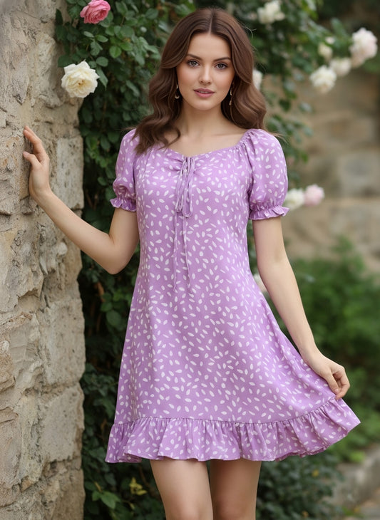 Berrylush Women Purple & White Abstract Printed Tie-Up Neck A-Line Mini Dress