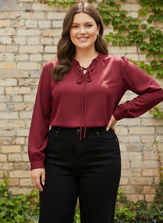Berrylush Women Plus Size Solid Maroon Tie-Up Neck Cuff Sleeves Crepe Ruffled Regular Top