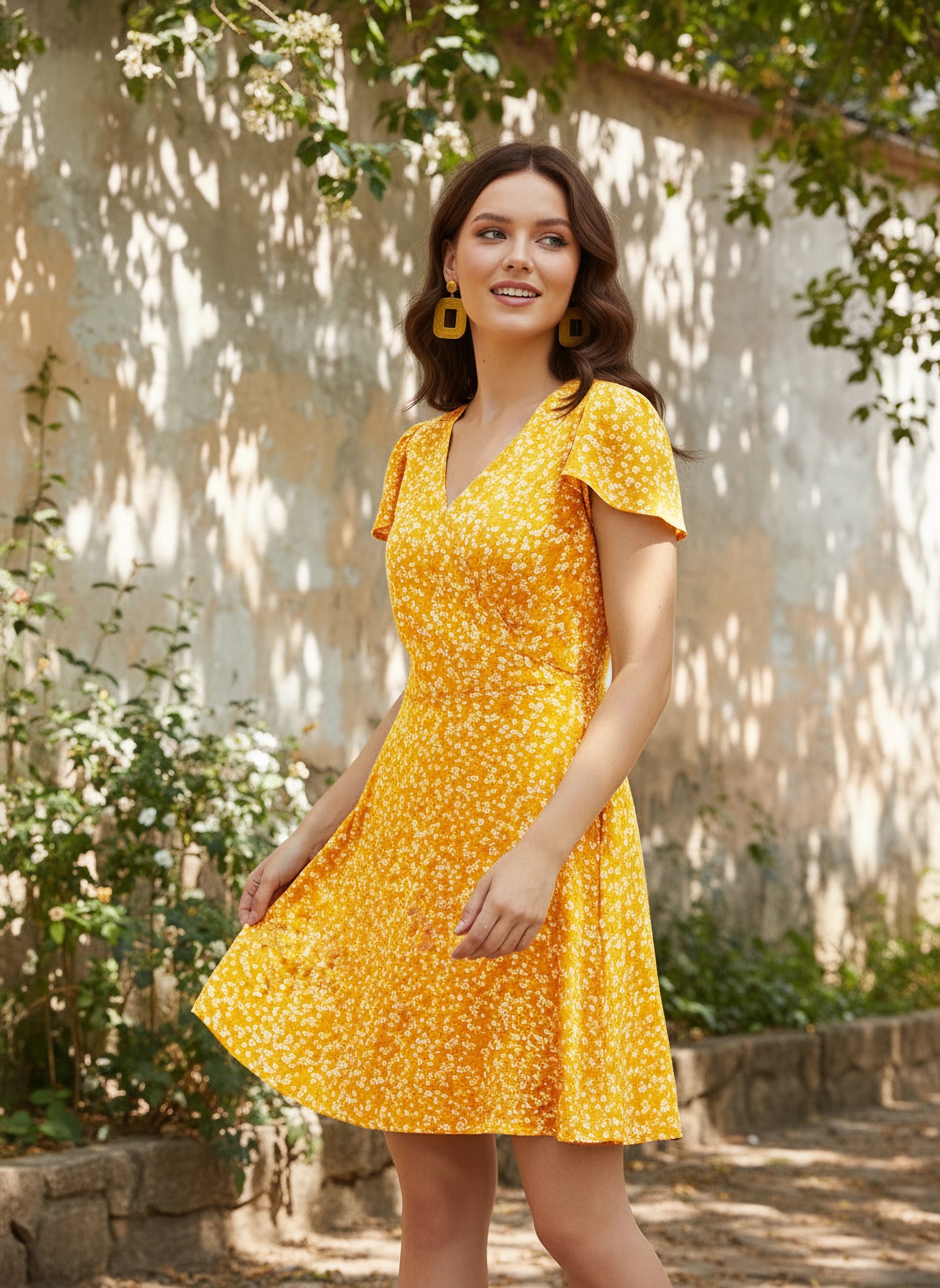 Berrylush Women Yellow Floral Printed A-Line Wrap Mini Dress