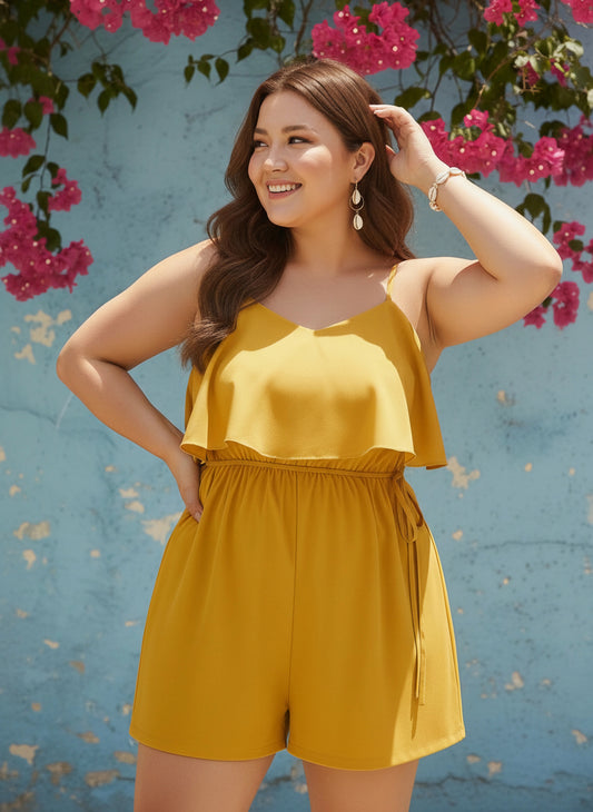 Berrylush Curve Women Solid Yellow Sweetheart Neck Sleeveless Waist Tie-Up Front Layered Mini Playsuit