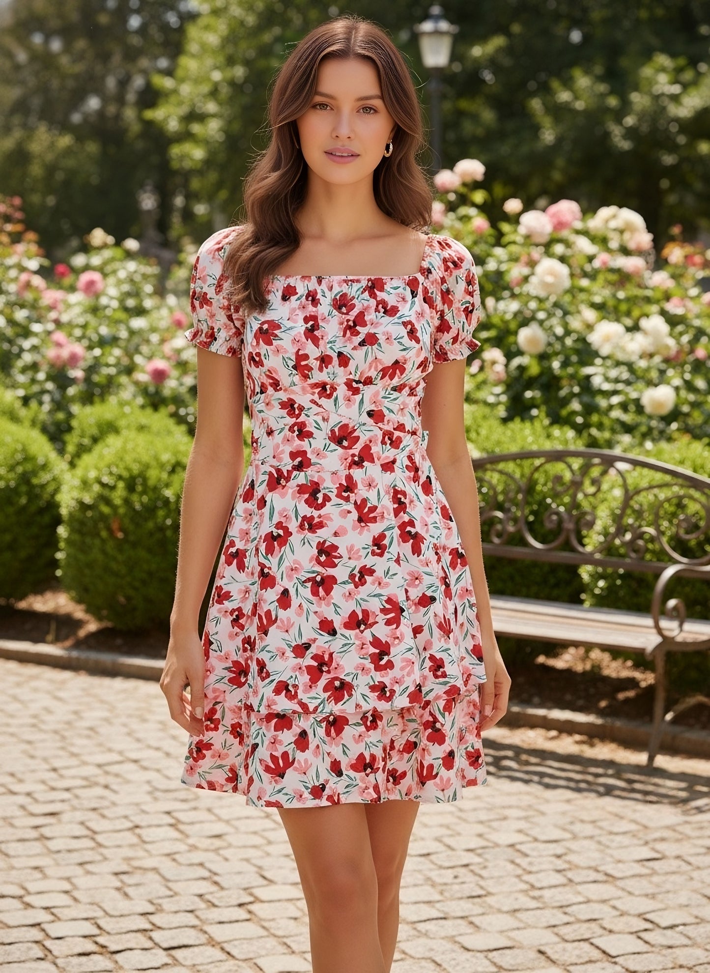 Berrylush Women White & Red Floral Printed Square Neck Puff Sleeves Back Tie-Up Layered Fit & Flare Mini Dress