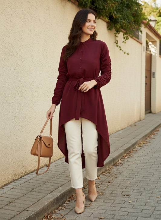 Solid Maroon Stand Collar Neck Bishop Sleeves Tie-Up Waist Front Button-Up High-Low Hem Pleated Longline Top