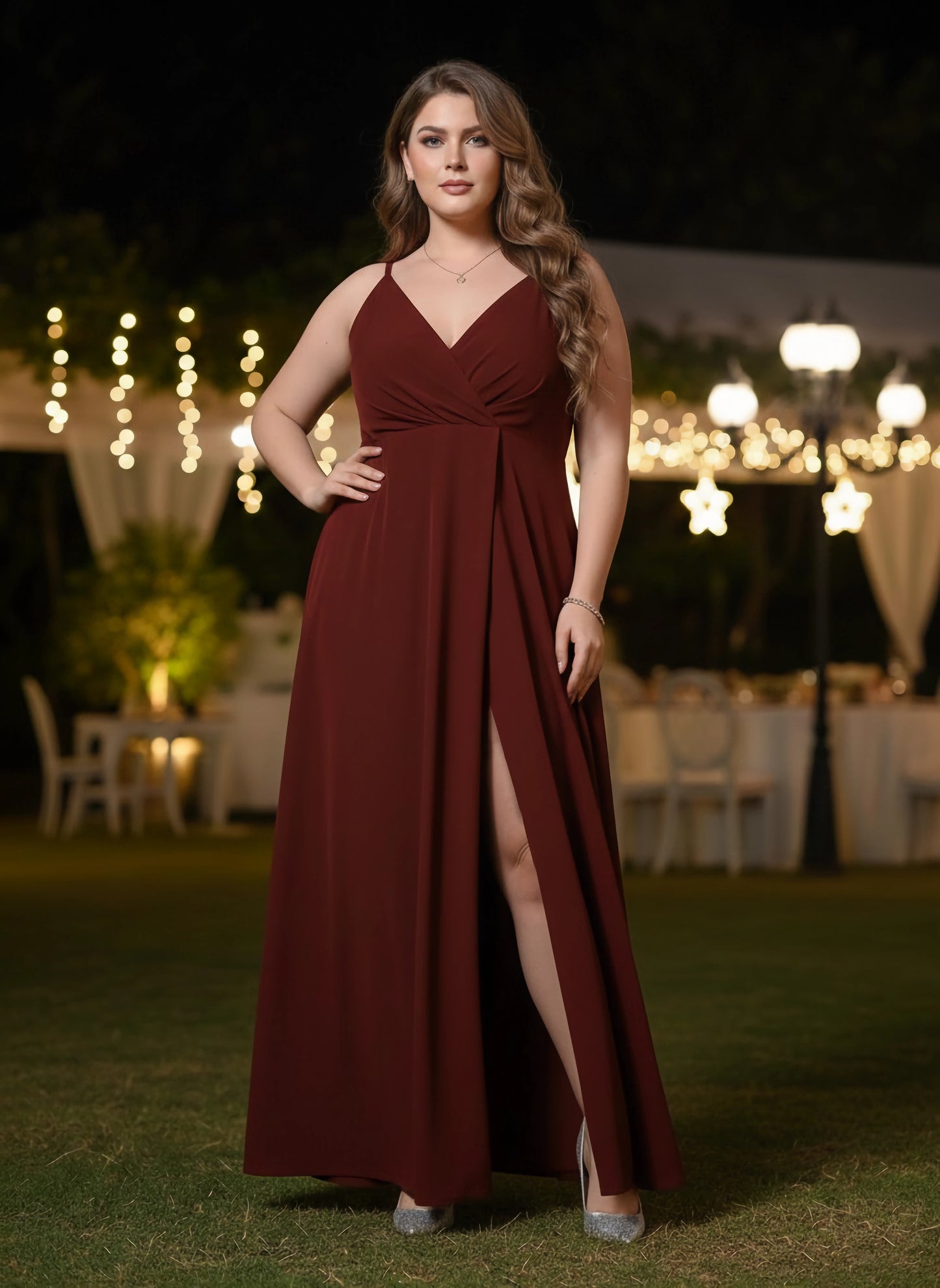 Berrylush Women Plus Size Solid Maroon V-Neck Sleeveless Thigh-High Slit Flared Maxi Dress