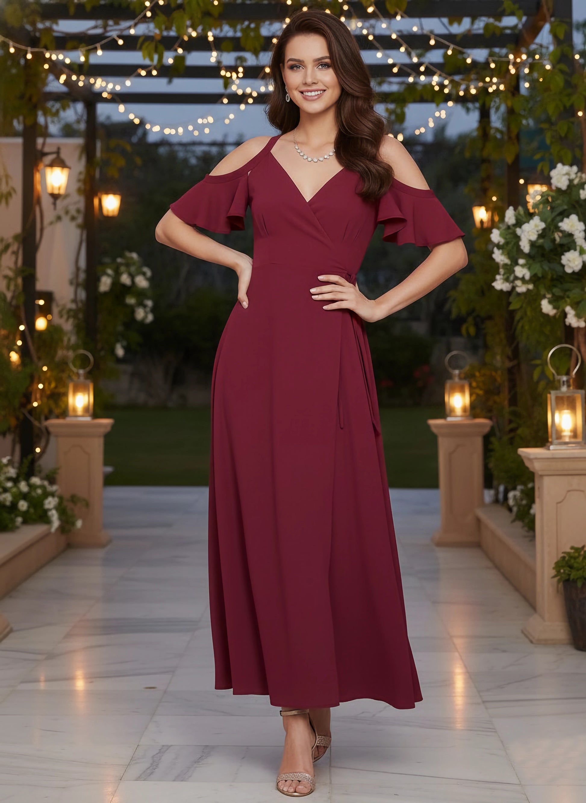 Women Solid Maroon V-Neck Cold-Shoulder Maxi Dress - Berrylush Women Solid Maroon V-Neck Cold-Shoulder Maxi Dress - Berrylush